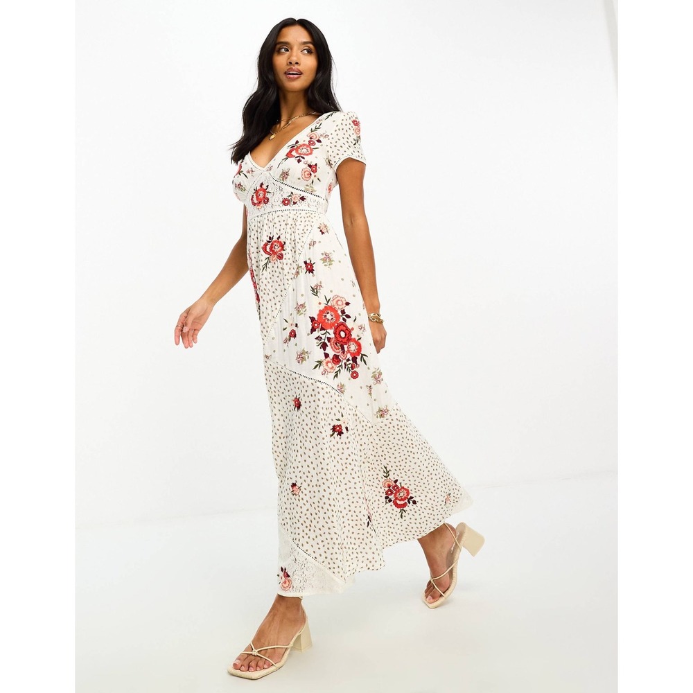 River Island Maxi Dress Womens 6 Cotton Embroidered Lace Autumn Wedding Guest